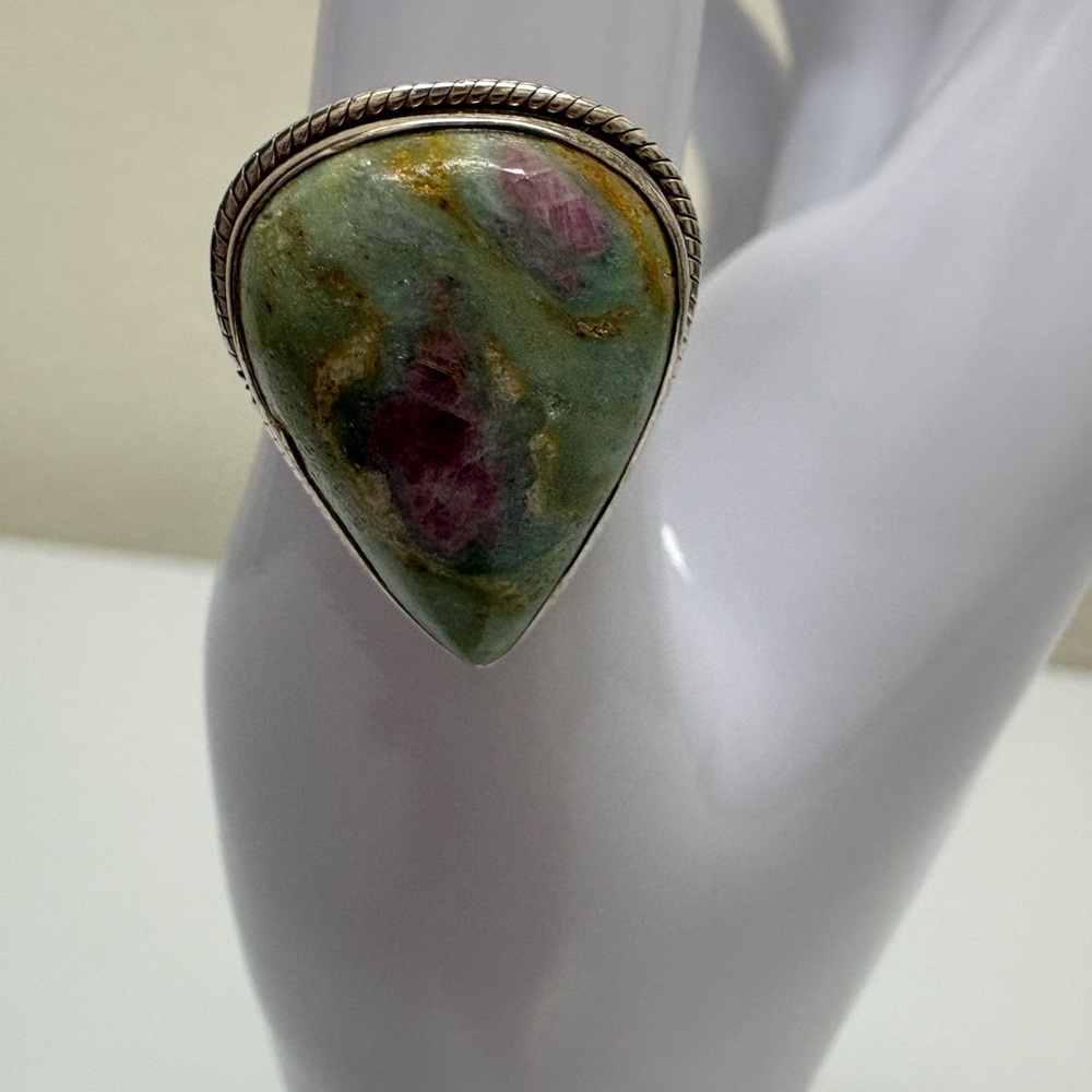 Artisan Ruby Zoisite Teardrop Cabochon Silver Ring